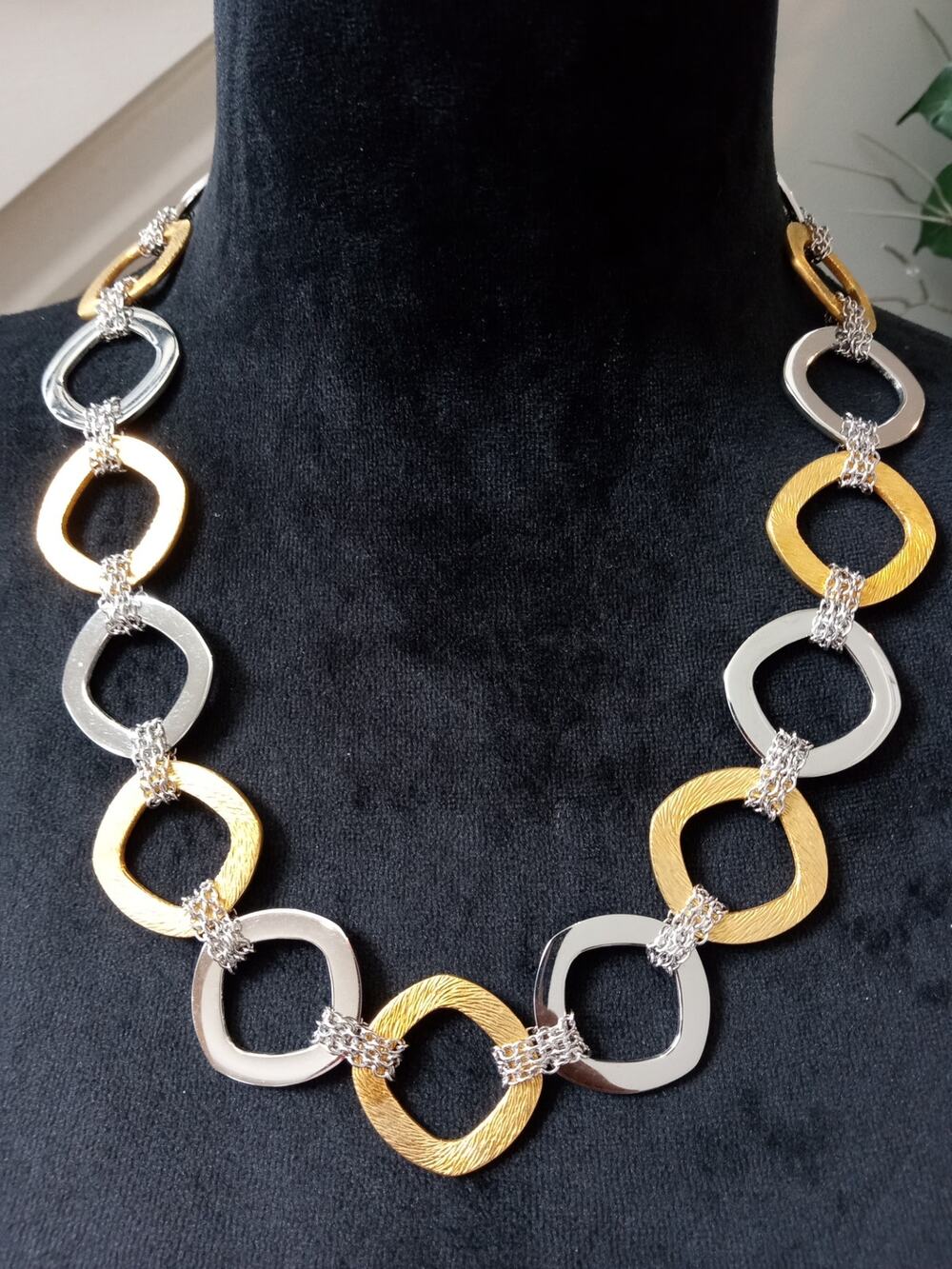 Two Tone Gold Silver Open Link Statement Necklace Rhinestone Accent Geometric